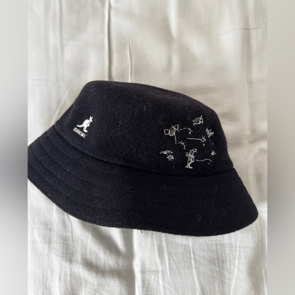 Kangol Black Bucket Hat with Embroidered Design RARE